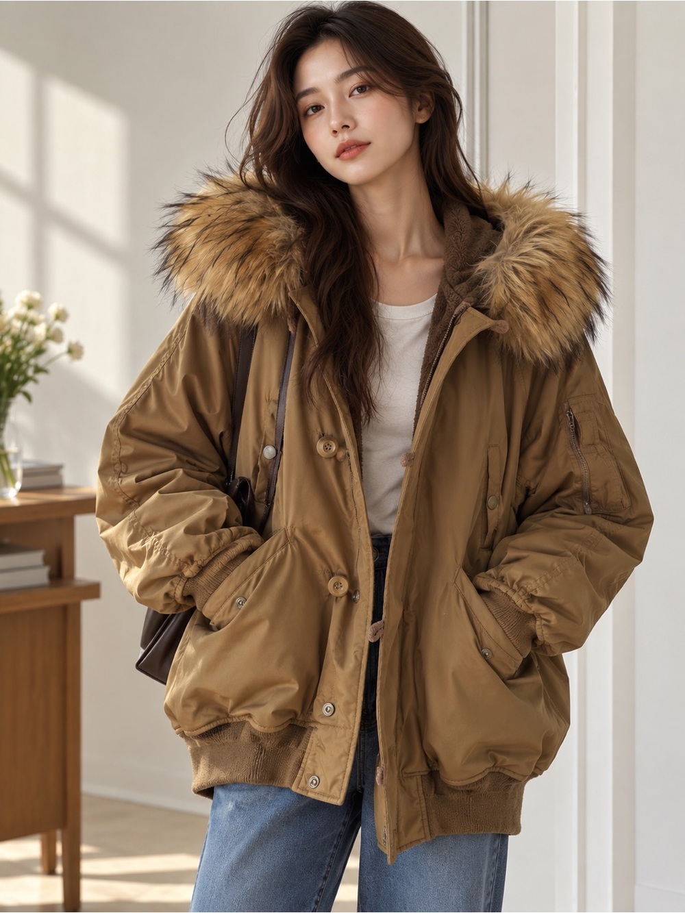 MOUSSY SHORT N2B Fur Hooded Jacket | Camel Brown | Y2K Archive